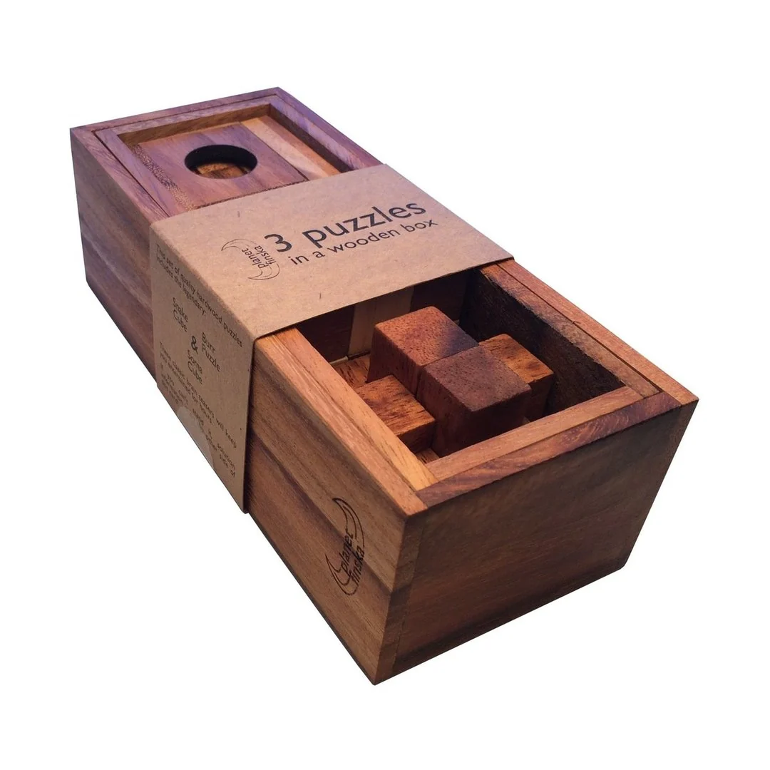 3 Puzzles In A Wooden Box