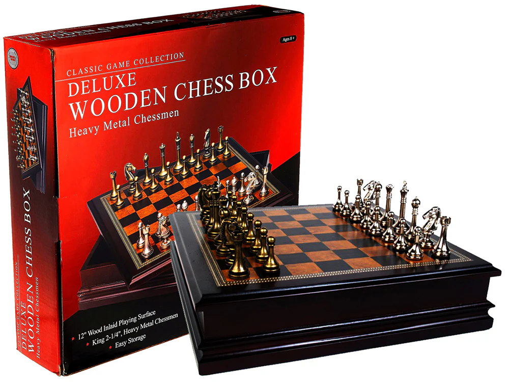 Chess Set Metal 12inch Inlaid Deluxe Wood Chess Box