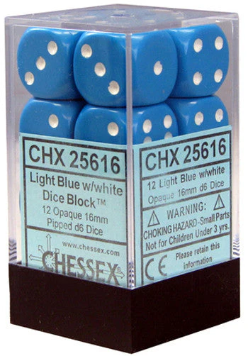 CHX25616 Opaque 16mm d6 Light Blue/White Dice Block (12 dice) Chessex
