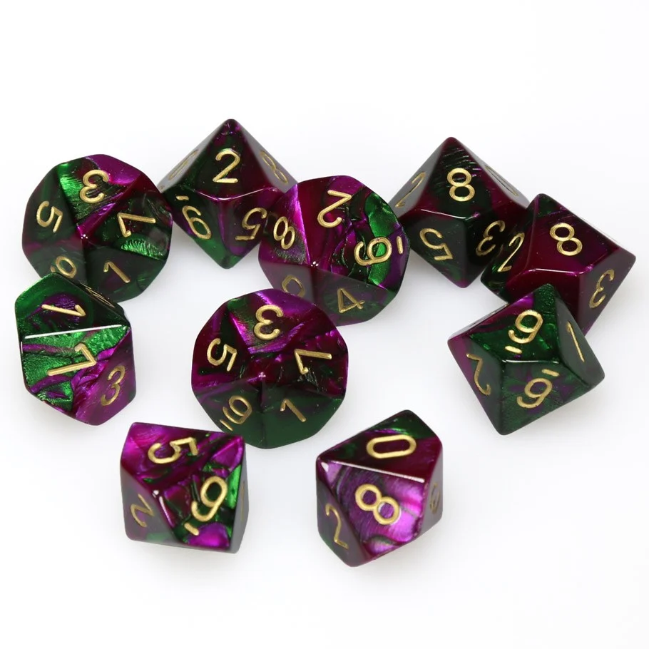CHX26234 Gemini Polyhedral Green-Purple/gold Set of Ten d10s Chessex