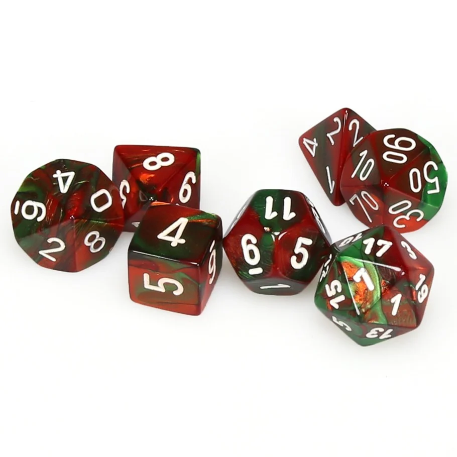 CHX26431 Gemini Polyhedral Green-Red/white 7-Die Set Chessex