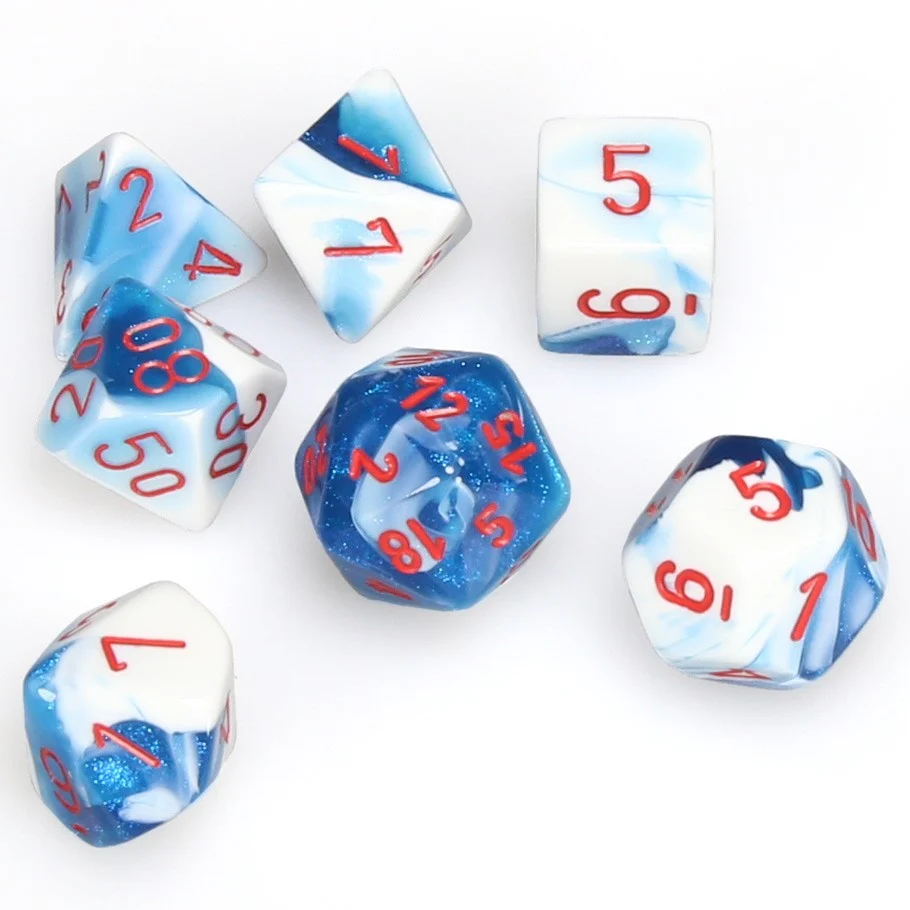 CHX26457 Gemini Polyhedral Astral Blue-White w/red 7-Die Set Chessex