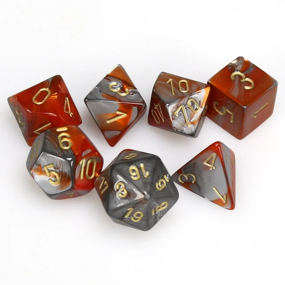 CHX26461 Gemini Polyhedral Orange-Steel w/gold 7-Die Set Chessex