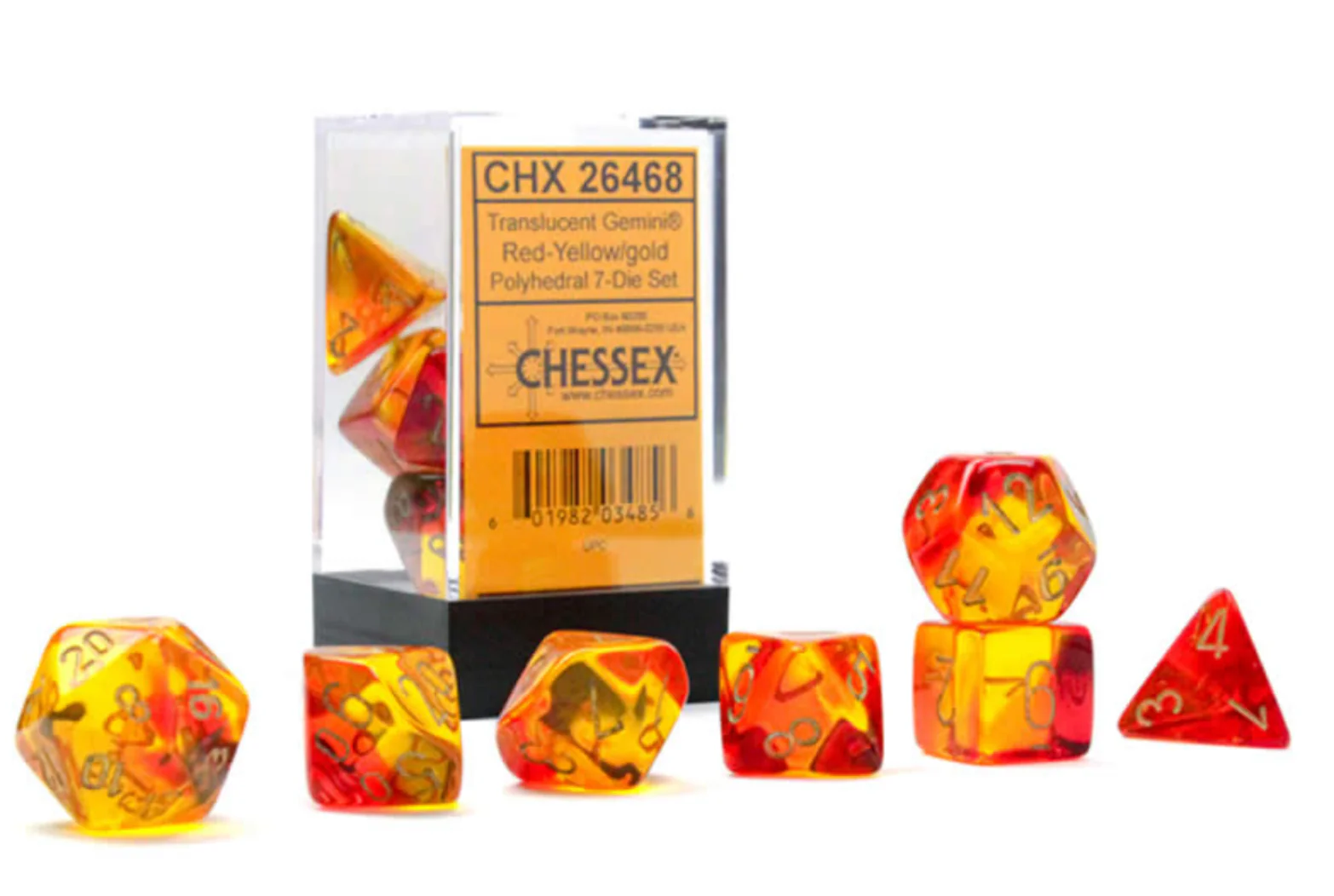CHX26468 Red-Yellow/gold Translucent Gemini 7-Die Set Chessex