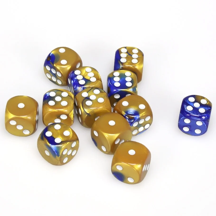 CHX26622 Gemini 16mm d6 Blue-Gold/white Dice Block (12 dice) Chessex