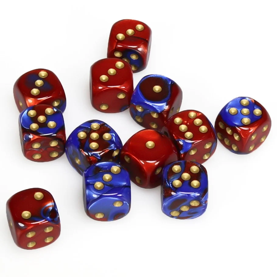 CHX26629 Gemini 16mm d6 Blue-Red/gold Dice Block (12 dice) Chessex