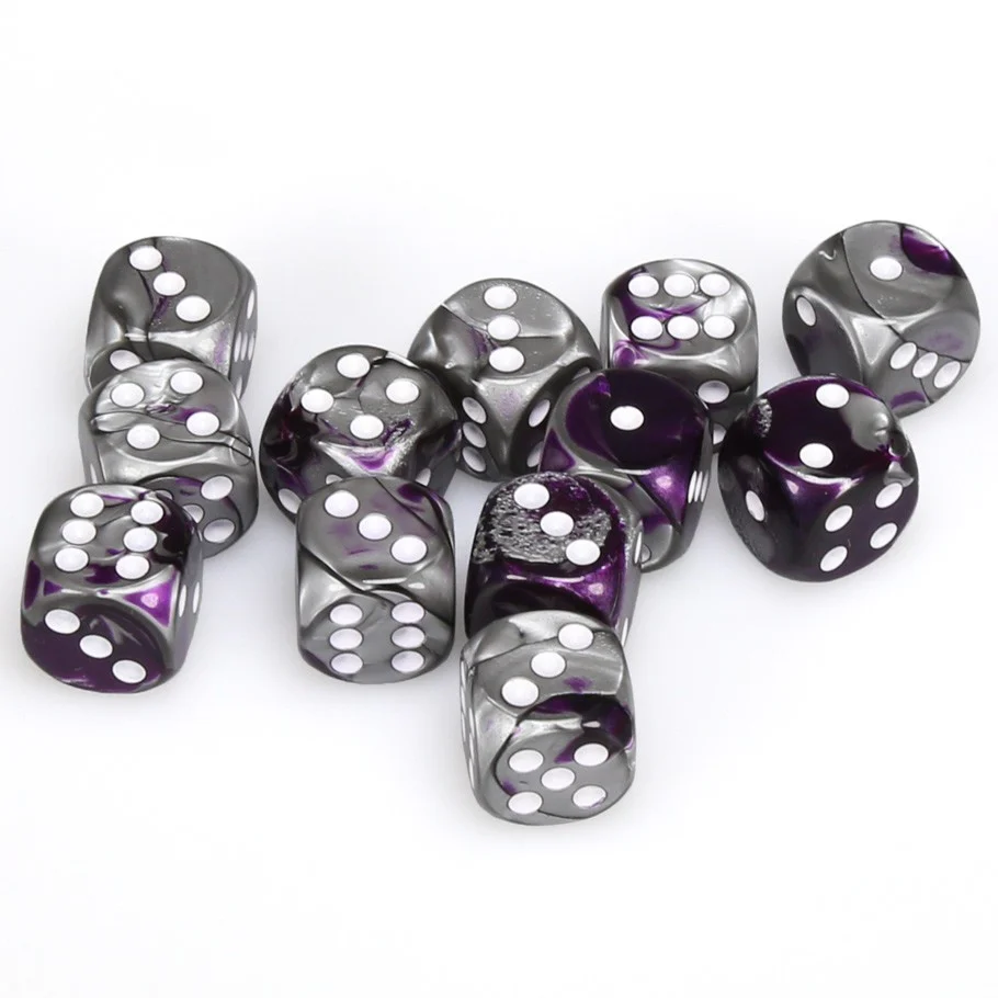 CHX26632 Gemini 16mm d6 Purple-Steel/white Dice Block (12 dice) Chessex