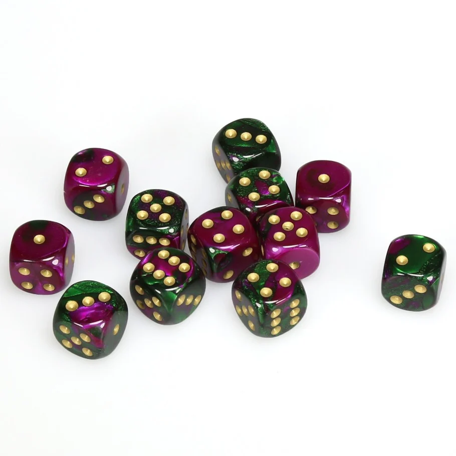 CHX26634 Gemini 16mm d6 Green-Purple/white Dice Block (12 dice) Chessex