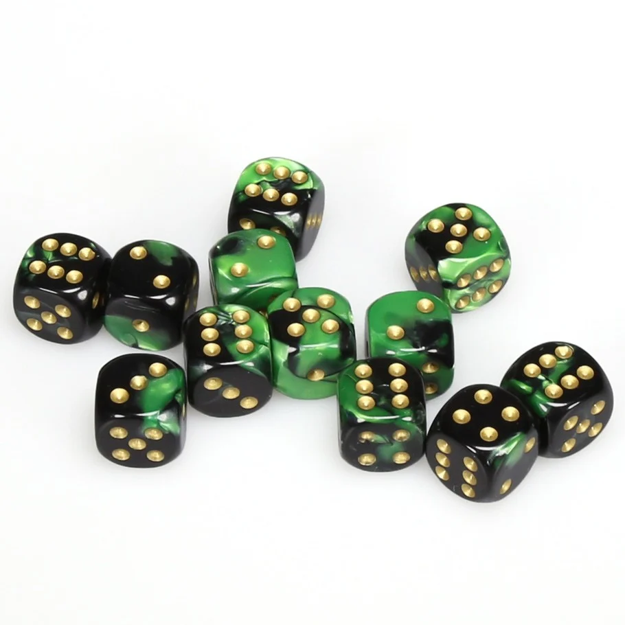 CHX26639 Gemini 16mm d6 Black-Green/gold Dice Block (12 dice) Chessex