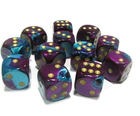 CHX26649 Gemini 16mm d6 Purple-Teal/gold Dice Block (12 dice) Chessex