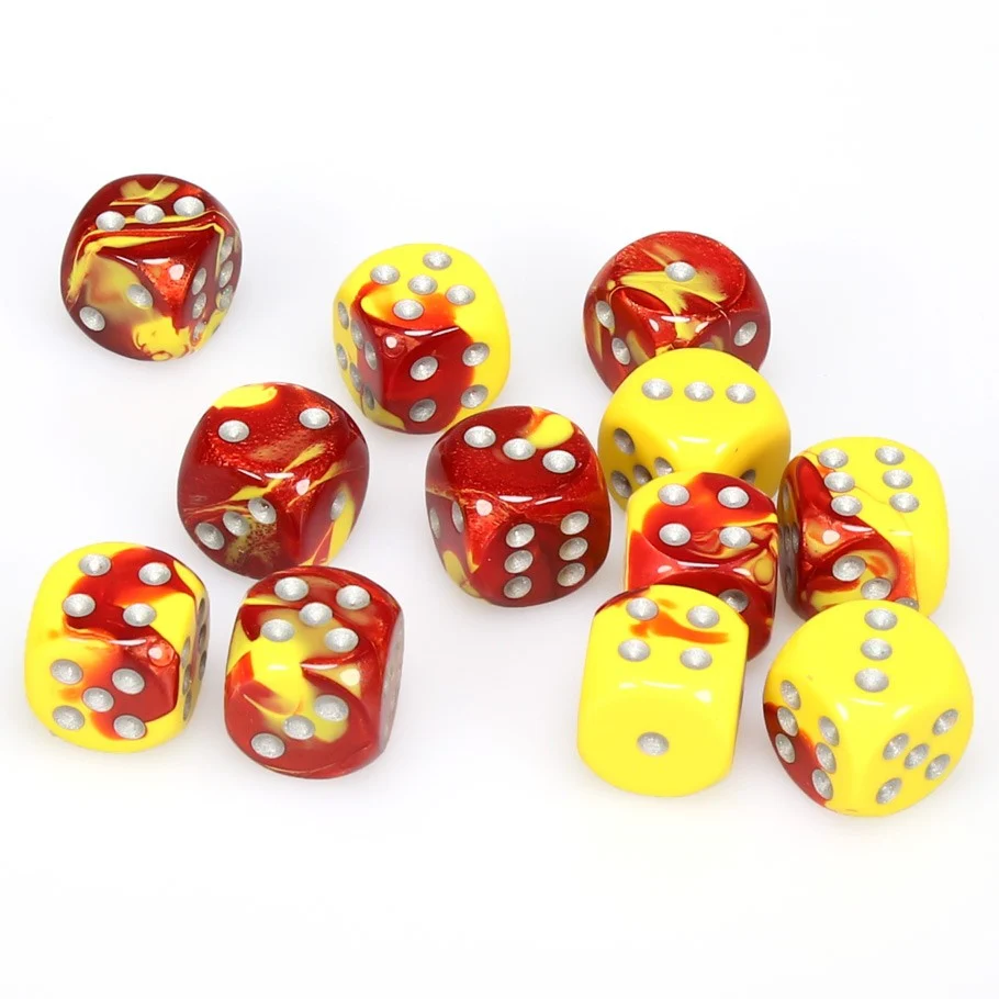 CHX26650 Gemini 16mm d6 Red-Yellow/silver Dice Block (12 dice) Chessex