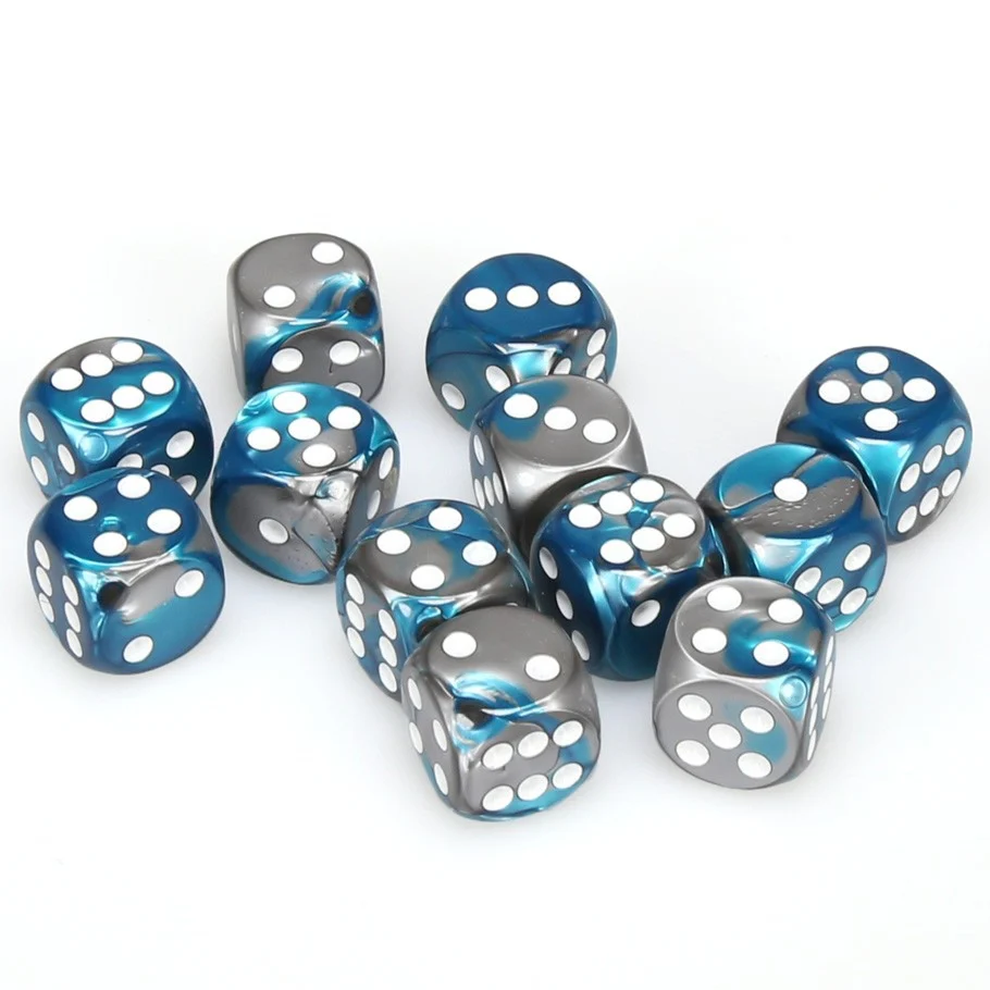 CHX26656 Gemini 16mm d6 Steel-Teal/white Dice Block (12 dice) Chessex