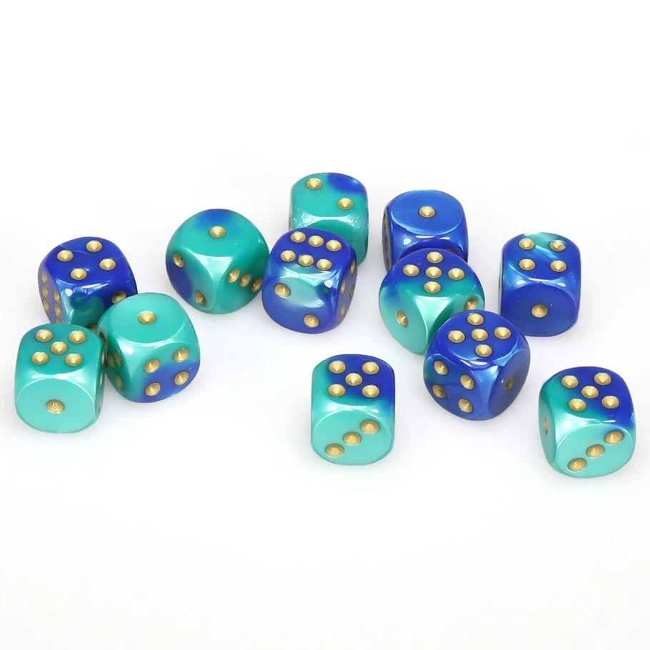 CHX26659 Gemini 16mm d6 Blue-Teal/gold Dice Block (12 dice) Chessex