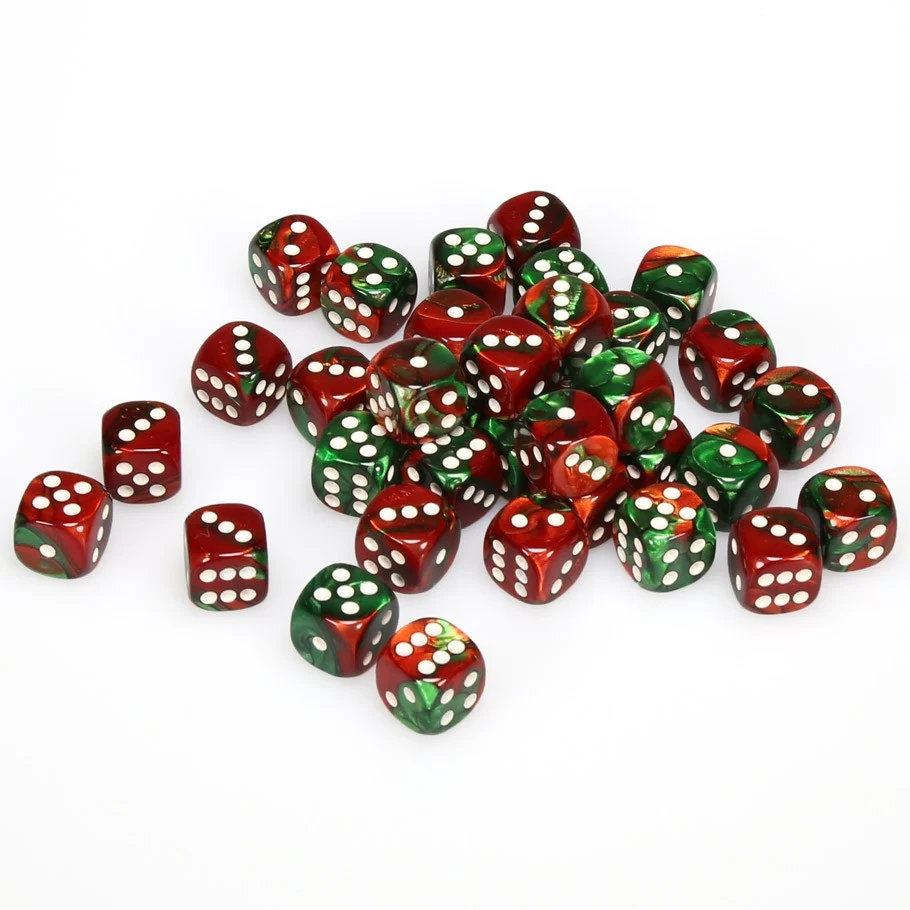 CHX26831 Gemini 12mm d6 Green-Red/white Dice Block (36 dice) Chessex