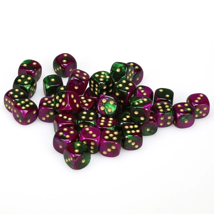 CHX26834 Gemini 12mm d6 Green-Purple/gold Dice Block (36 dice) Chessex