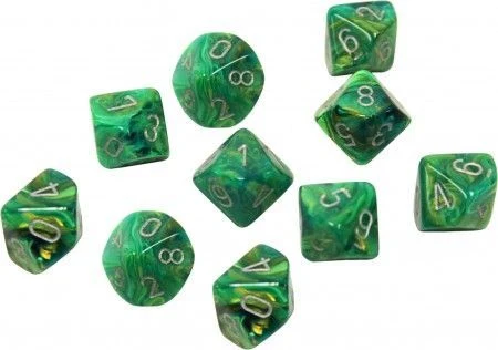 CHX27295 Lustous Polyhedral Green/silver Set of Ten d10s Chessex