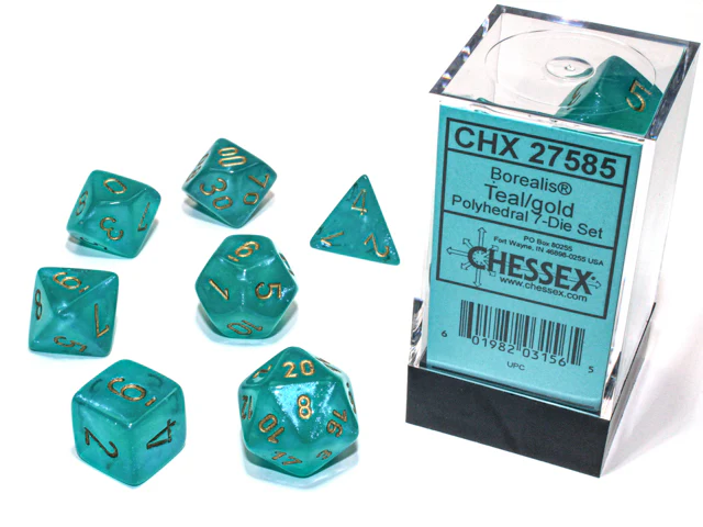CHX27585 Borealis Luminary Polyhedral Teal-Gold 7-Die Set Chessex