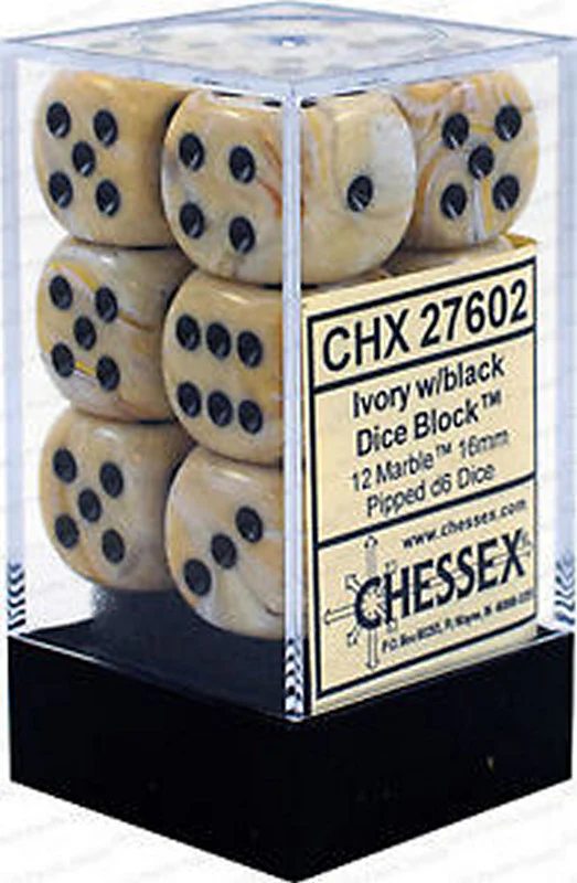 CHX27602 Marble 16mm d6 Ivory/Black Dice Block (12 dice) Chessex