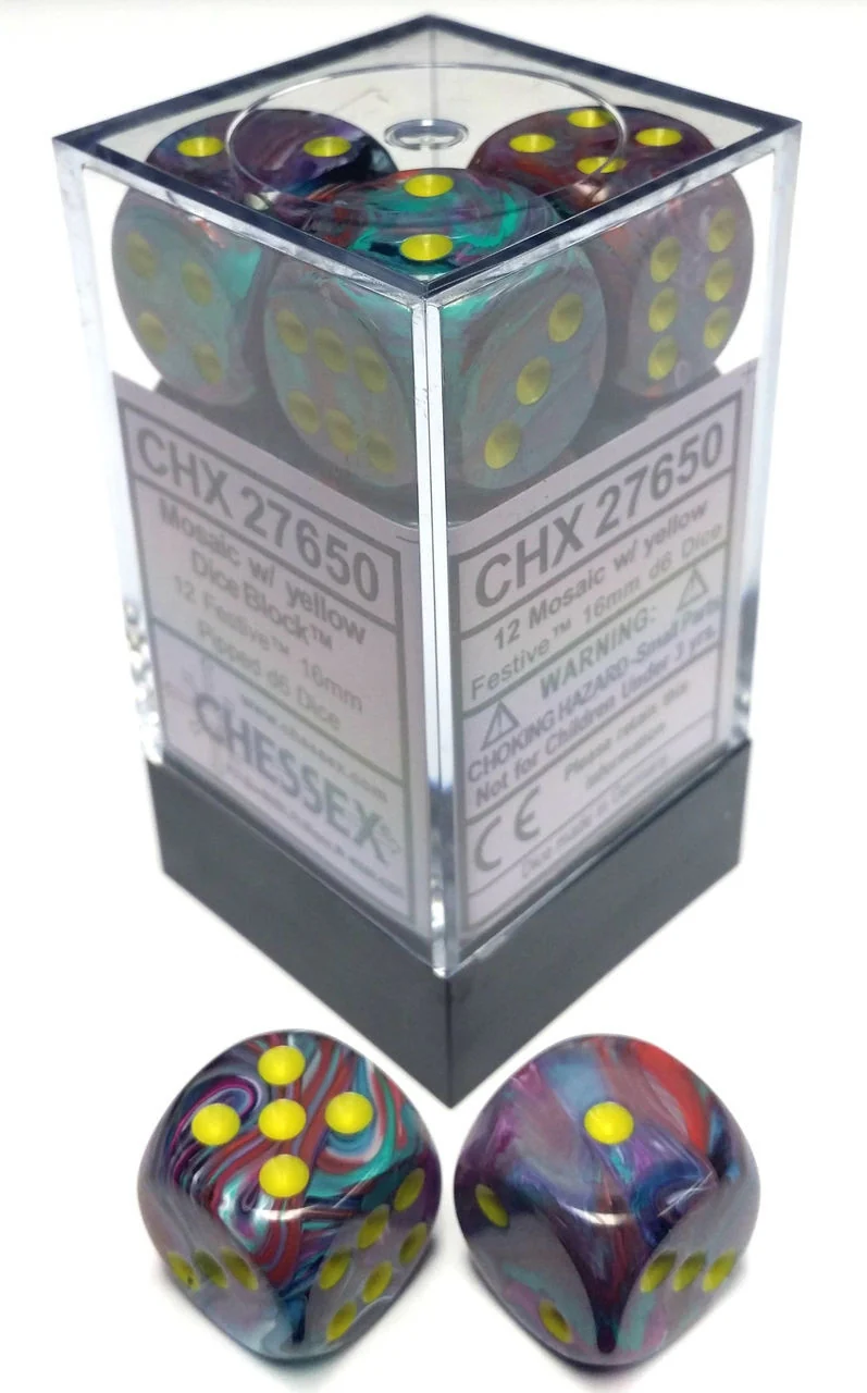 CHX27650 Festive 16mm d6 Mosaic/yellow Dice Block Chessex