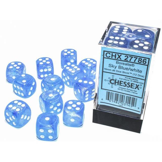 CHX27786 Borealis 16mm d6 Sky Blue/white Chessex