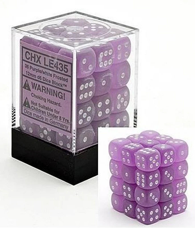 CHXLE435 Frosted 12mm d6 Purple/white Dice Block (36 dice) Chessex