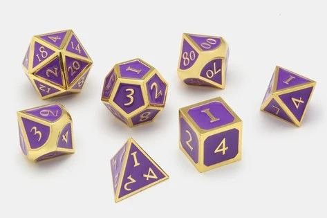 Gold with Purple Enamel MDG Metal Polyhedral Dice Set