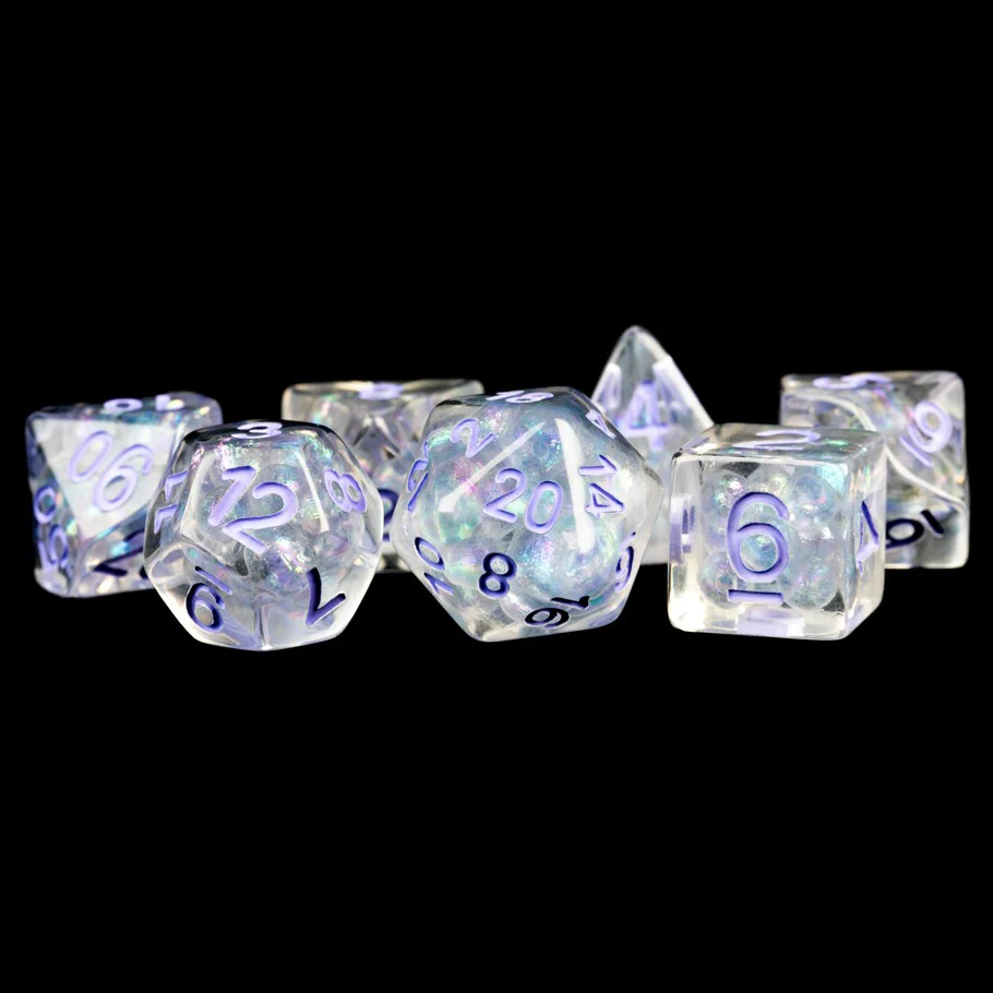 Pearl with Purple Numbers - MDG Unicorn Resin Polyhedral Dice Set