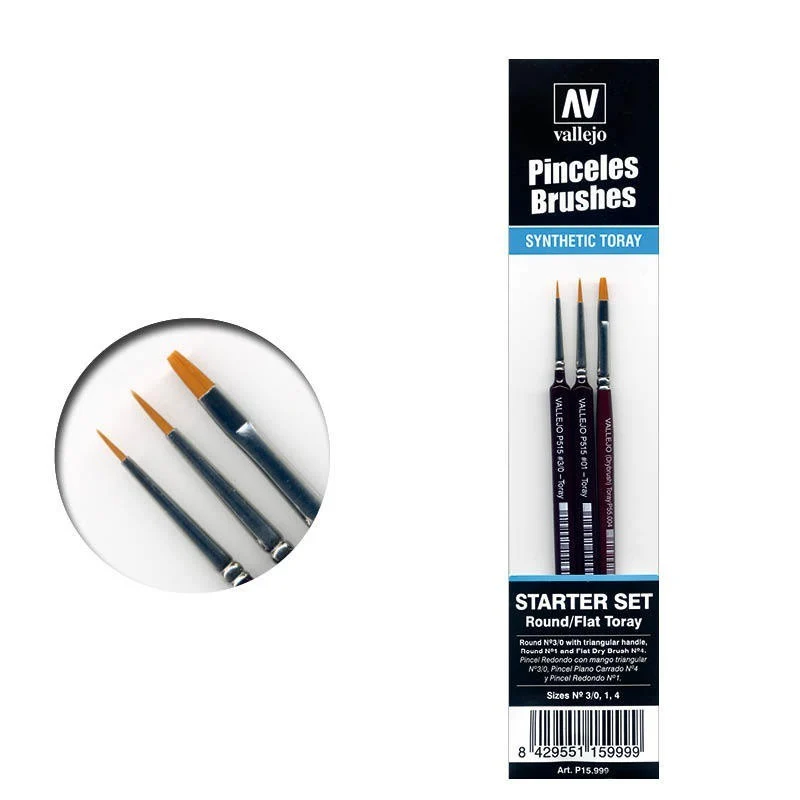 Precision Starter Set (Round No.1 & 3/0 Triangular Handle, Flat No. 4) Vallejo Hobby Brushes