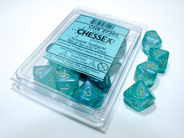CHX27385 Borealis Teal/gold Luminary Set of Ten d10s Chessex